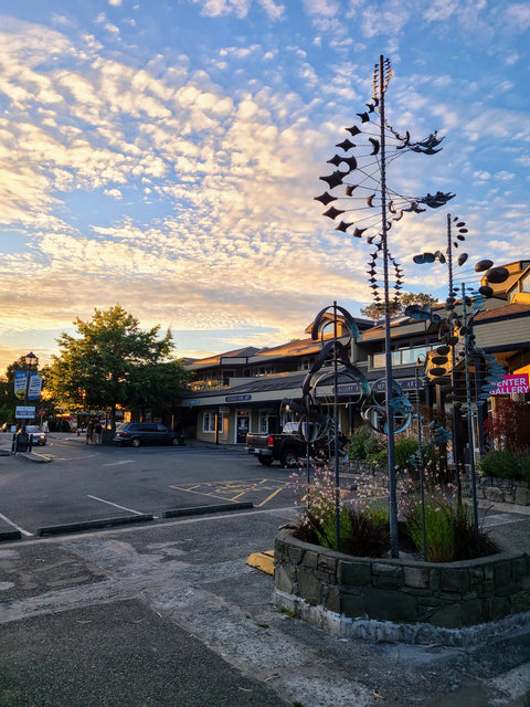 Street scene on Salt Spring with decorative wind powered sculptures against a sunset sky.