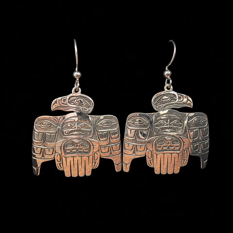 These sterling silver Eagle earrings by Kolten Khasalus Grant bring a strong Northwest Coast design into an intimate, wearable scale front.