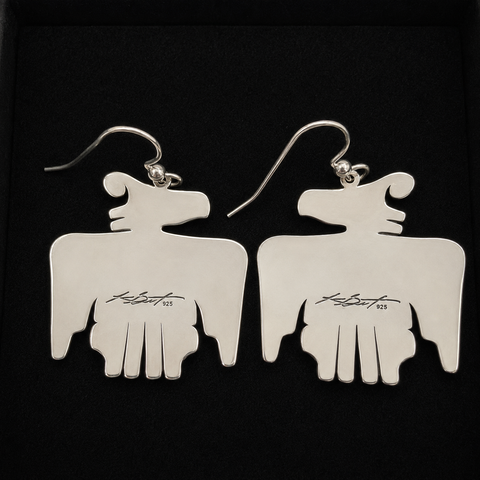 These sterling silver Thunderbird earrings by Kolten Khasalus Grant bring a strong Northwest Coast design into an intimate, wearable scale back.
