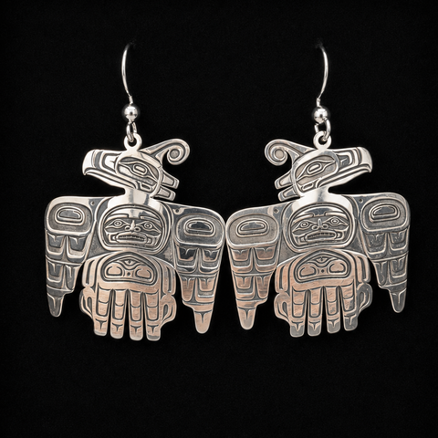 These sterling silver Thunderbird earrings by Kolten Khasalus Grant bring a strong Northwest Coast design into an intimate, wearable scale front.