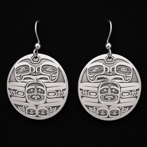 Frog moon silver earrings by artist kolten khasalus grant front.