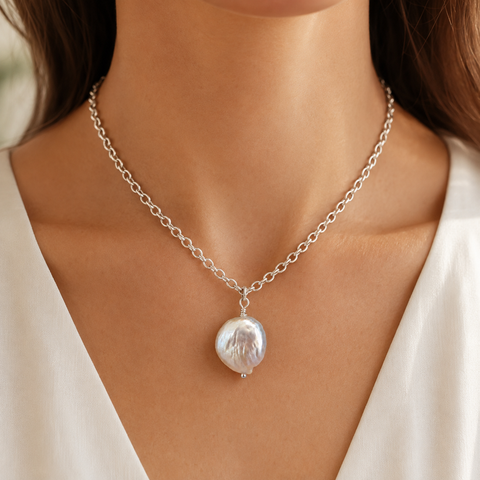 A close-up of a model wearing a delicate silver chain necklace with a large, irregular white baroque pearl pendant by Judy McPhee of Salt Spring Island.