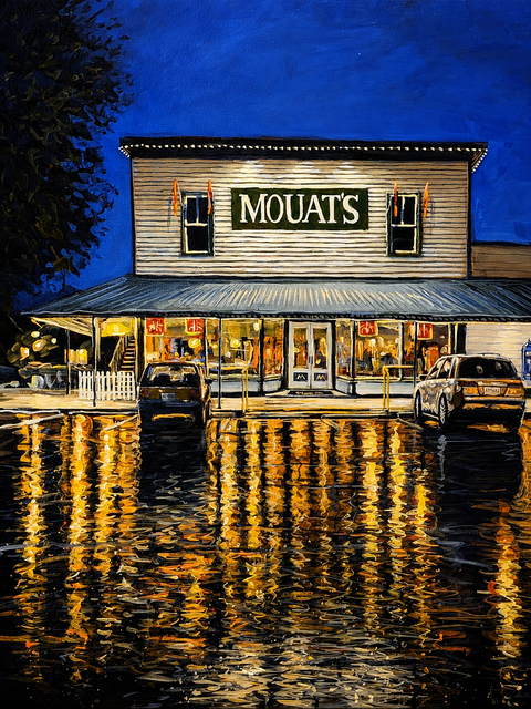 David Wilson Mouat original acrylic on canvas painting of Mouat’s store on Salt Spring Island at night with glowing reflections