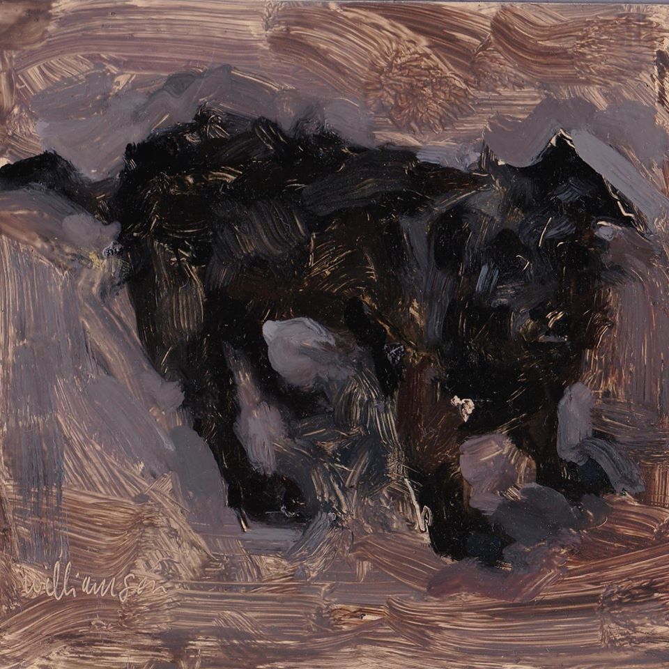 dog waiting II oil on board by mel williamson salt spring artist featuring scruffy black dog