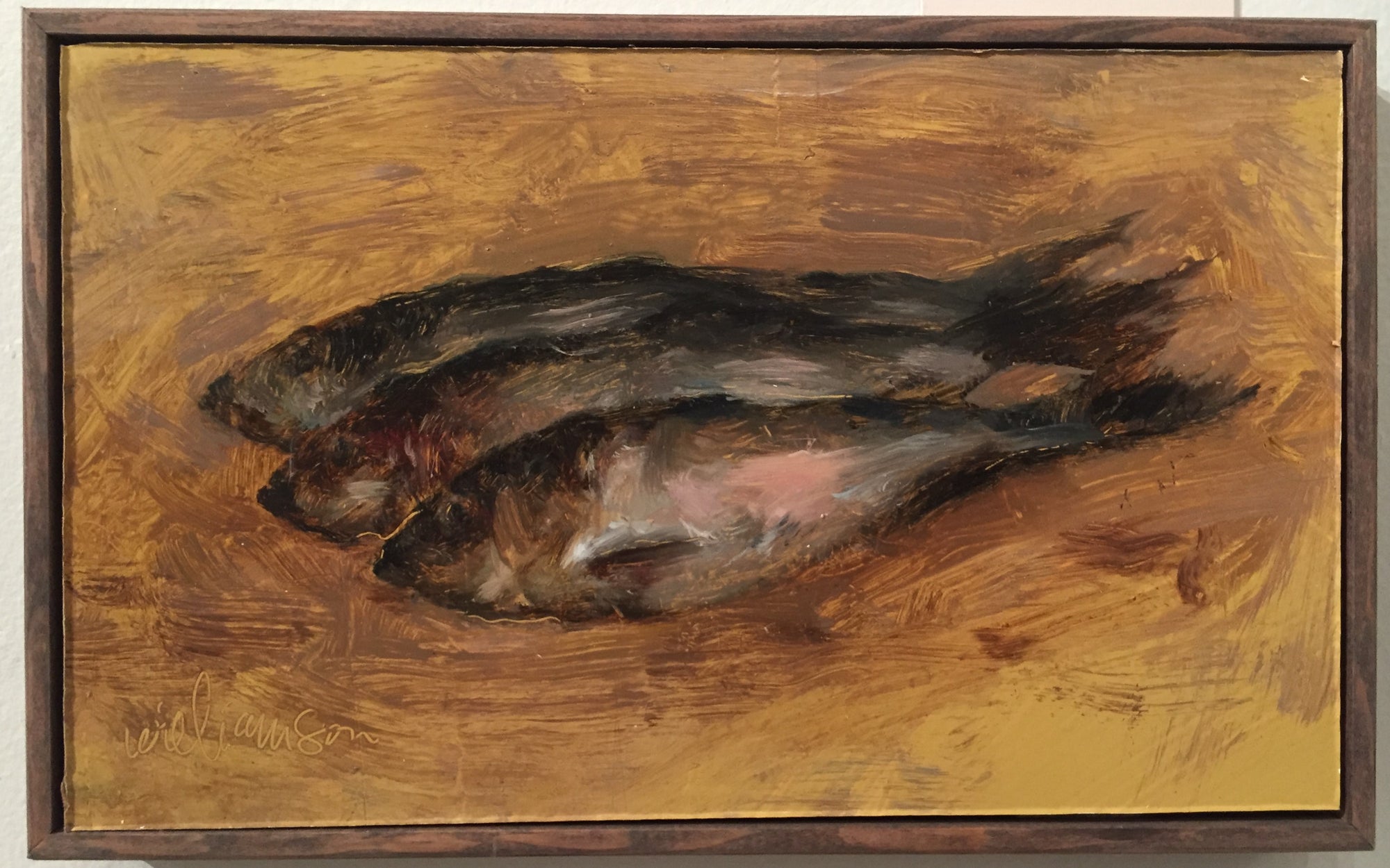 Small oil painting of herring fish dead after fishing trip in mel willamson's signature classic painting style