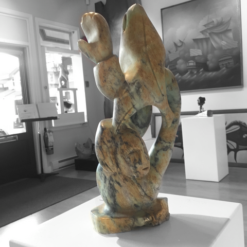 Shaman with Spirit Helpers soap stone carving by abraham ruben back