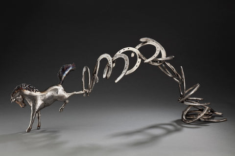 Peter McFarlane Reused Scrap Metal Sculpture with Horse Jumping and Horses Falling Shiny Metal