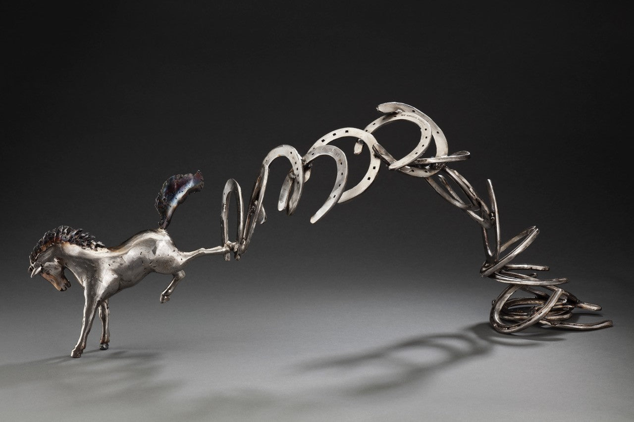 Peter McFarlane Reused Scrap Metal Sculpture with Horse Jumping and Horses Falling Shiny Metal