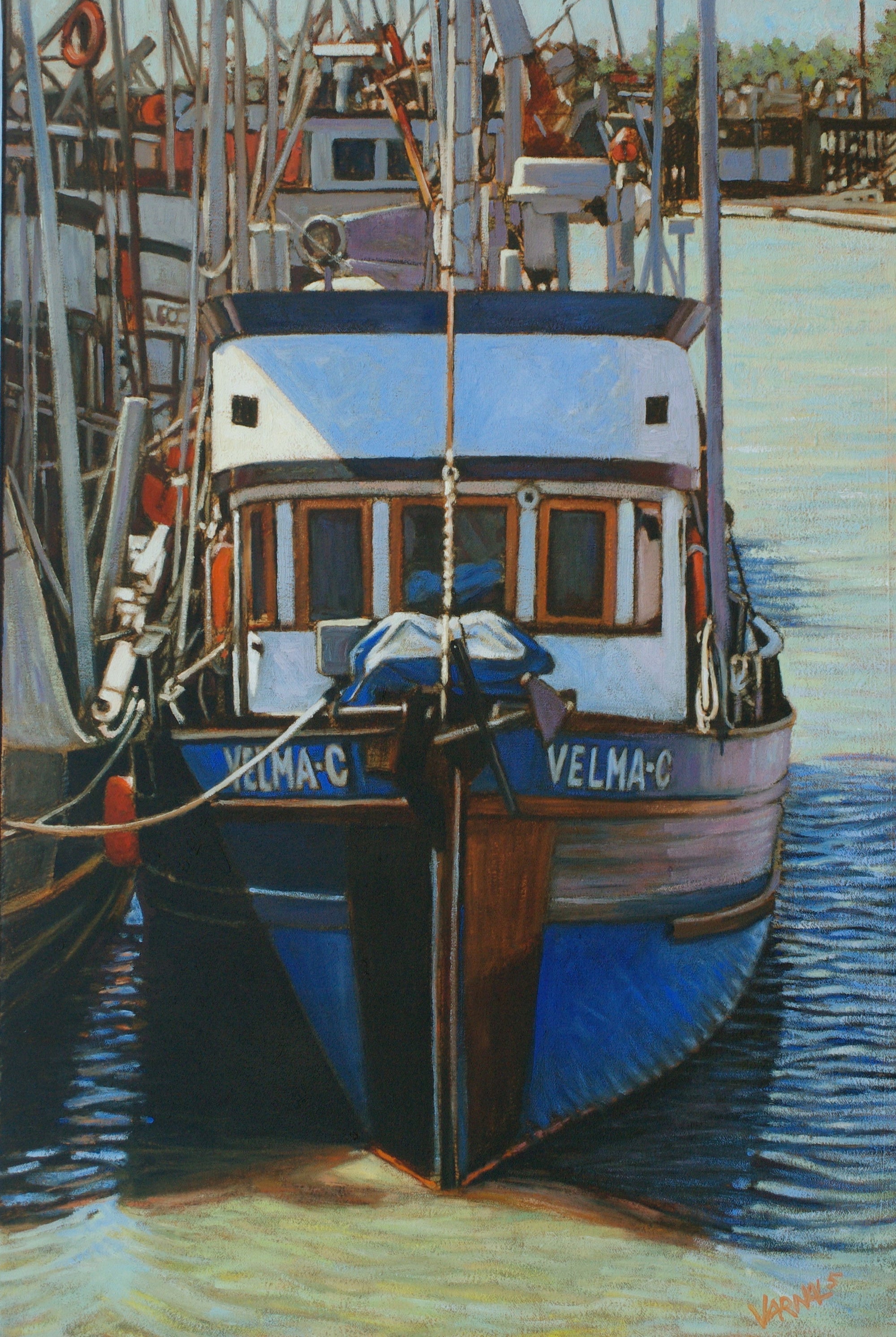 Velma C. Oil Painting of Boat on Water by Dan Varnals