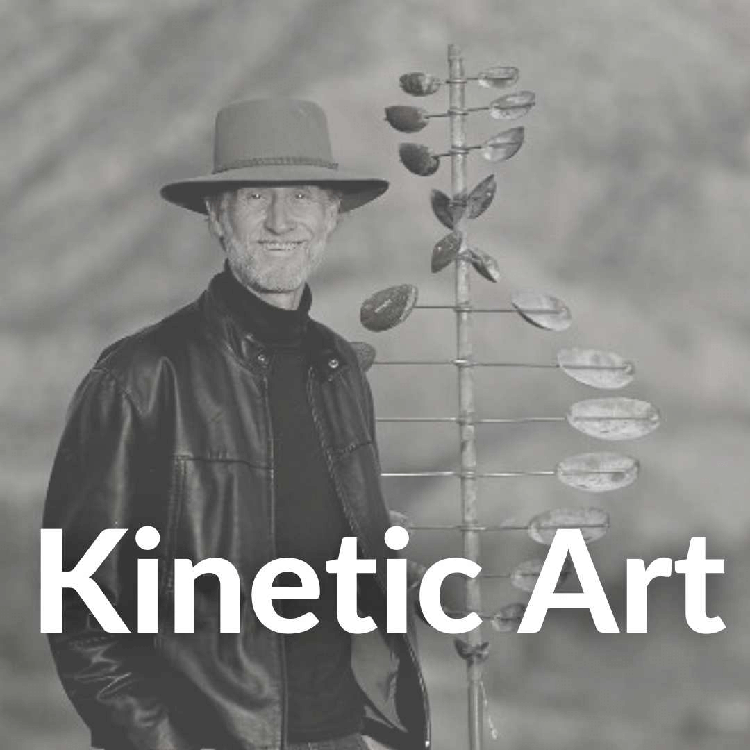 Photo of Lyman Whitaker Kinetic Artist in front of his wind sculpture