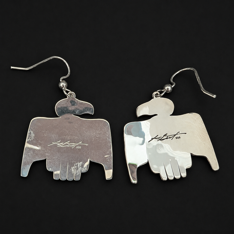 These sterling silver Eagle earrings by Kolten Khasalus Grant bring a strong Northwest Coast design into an intimate, wearable scale back.