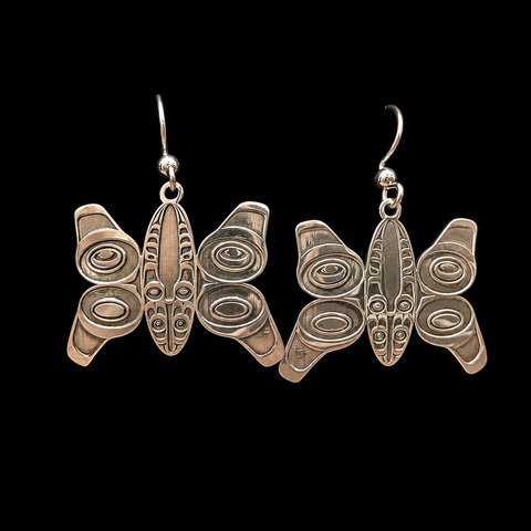 These sterling silver Butterfly earrings by Kolten Khasalus Grant bring a strong Northwest Coast design into an intimate, wearable scale front.