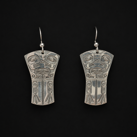 These Frog Clan silver earrings by Kolten Khasalus Grant bring a strong Northwest Coast design into an intimate, wearable scale.