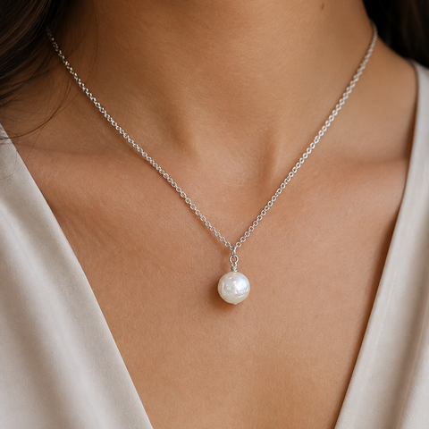 A close-up of a model wearing a delicate silver chain necklace with a single white freshwater pearl pendant by Judy McPhee of Salt Spring Island.