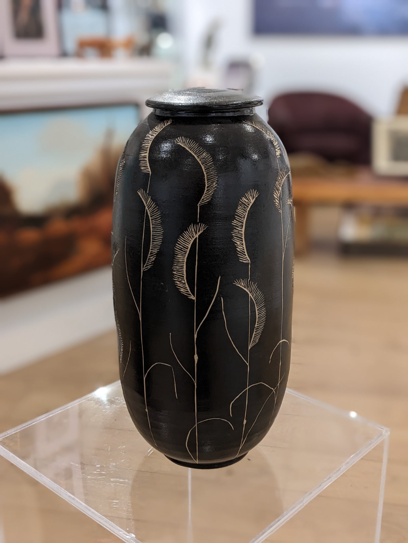 Covered Jar w/ Grasses