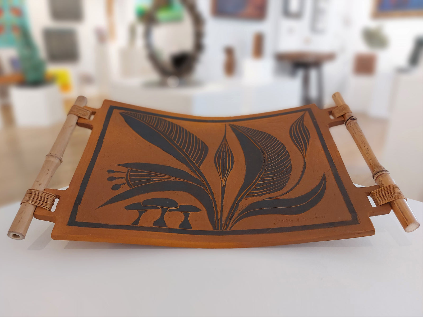 Sushi Tray Bamboo Handles Abstract Leaves