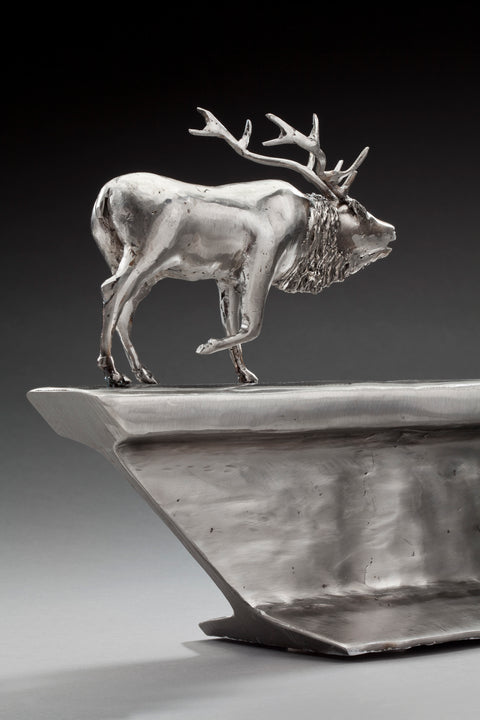 Peter McFarlane Reused Scrap Metal Sculpture with Elk Walking on Old Train Rail Detailed Photo