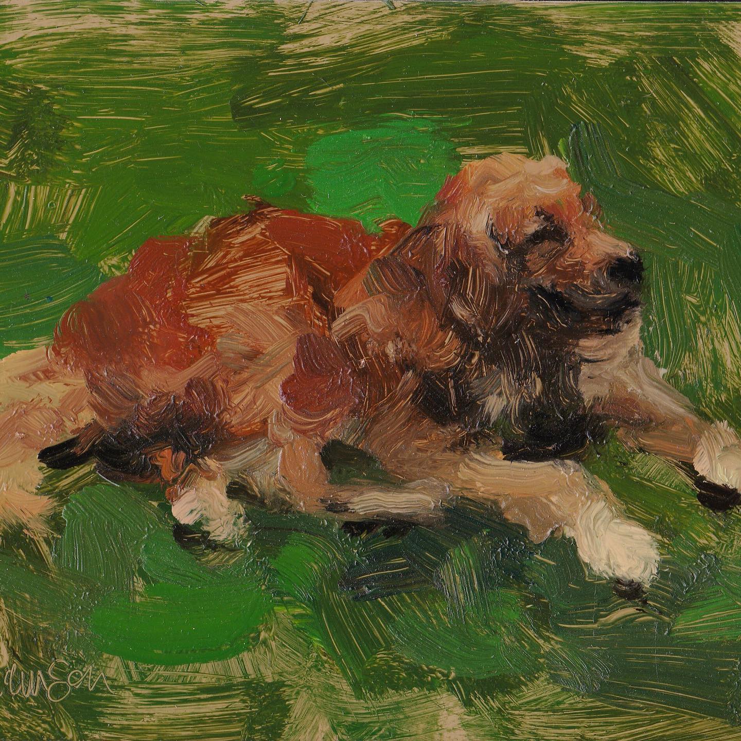 Dog Waiting III Mel Williamson Oil Painting from Salt Spring Island featuring yellow dog