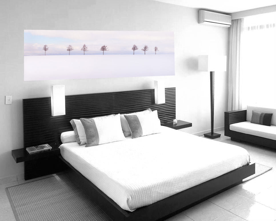 steven friedman's panoramic photograph hung above bed featuring seven trees spectacular soft sunset colours on snow scene in japan