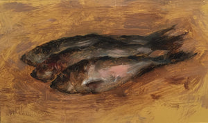 Small oil painting of herring fish dead after fishing trip in mel willamson's signature classic painting style no frame