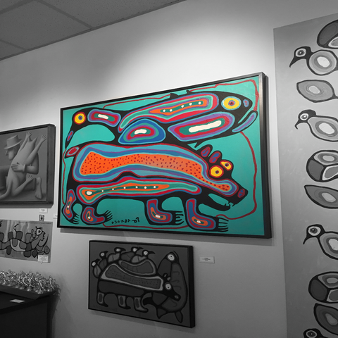 Original norval morrisseau painting called bear, fish and bird with gallery in background