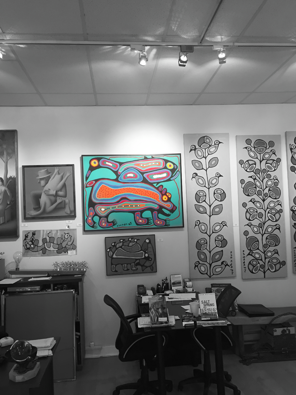 Original norval morrisseau painting called bear, fish and bird with gallery in background