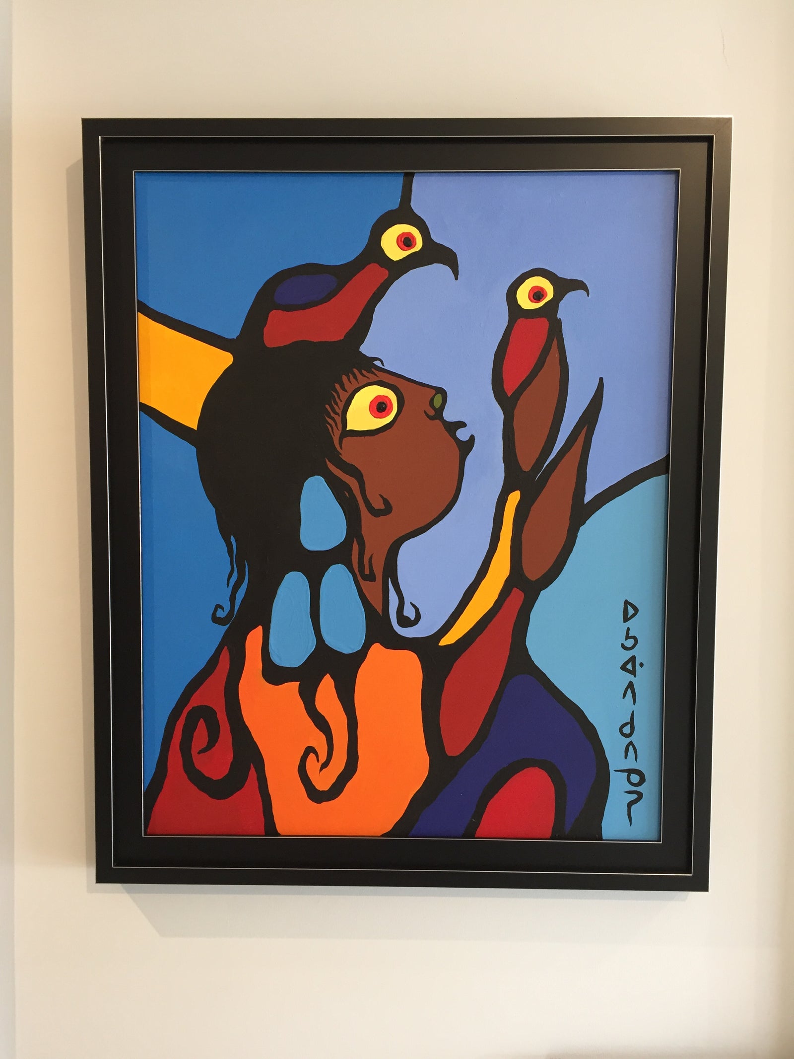 Original Noval Morrisseau Painting "Boy with Birds" for sale at Steffich Fine Art