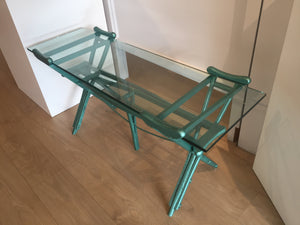 Peter McFarlane Reused Materials A Glass Table made of old wooden crutches painted emerald green