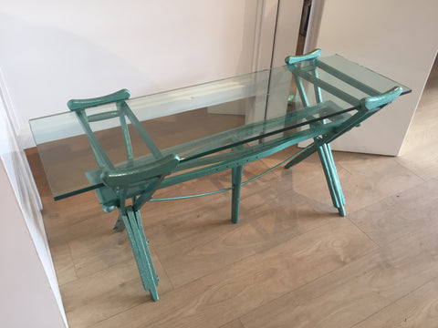 Peter McFarlane Reused Materials A Glass Table made of old wooden crutches painted emerald green