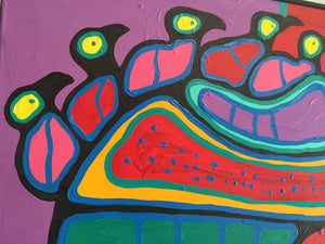 close up of original norval morrisseau painting depicting colourful birds on the back of a bear like animal
