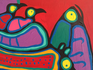 close up photo of norval morrisseau painting original bird fish and bear colourful
