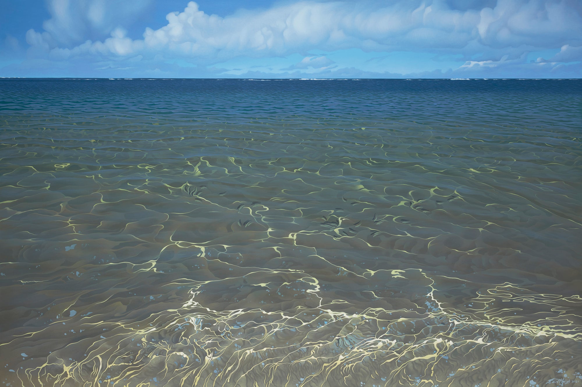 hyper realistic painting of reef with reflections in the water that look like real life ocean stretches well past mid canvas towards a beautiful cloudy sky