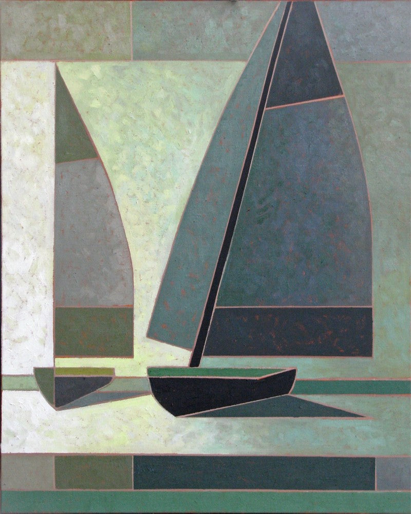 Philip Mix West Coast Artist Paints Sailboats with Oil Paint on Linen in his colour conscious style with soft blues and greens
