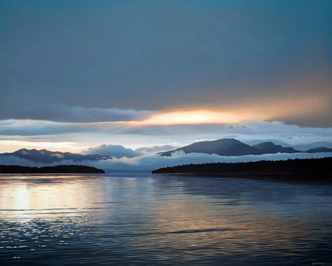 high realism acrylic painting by artist Carol Haigh, Salt Spring Island resident.  Ocean sunset with mountains