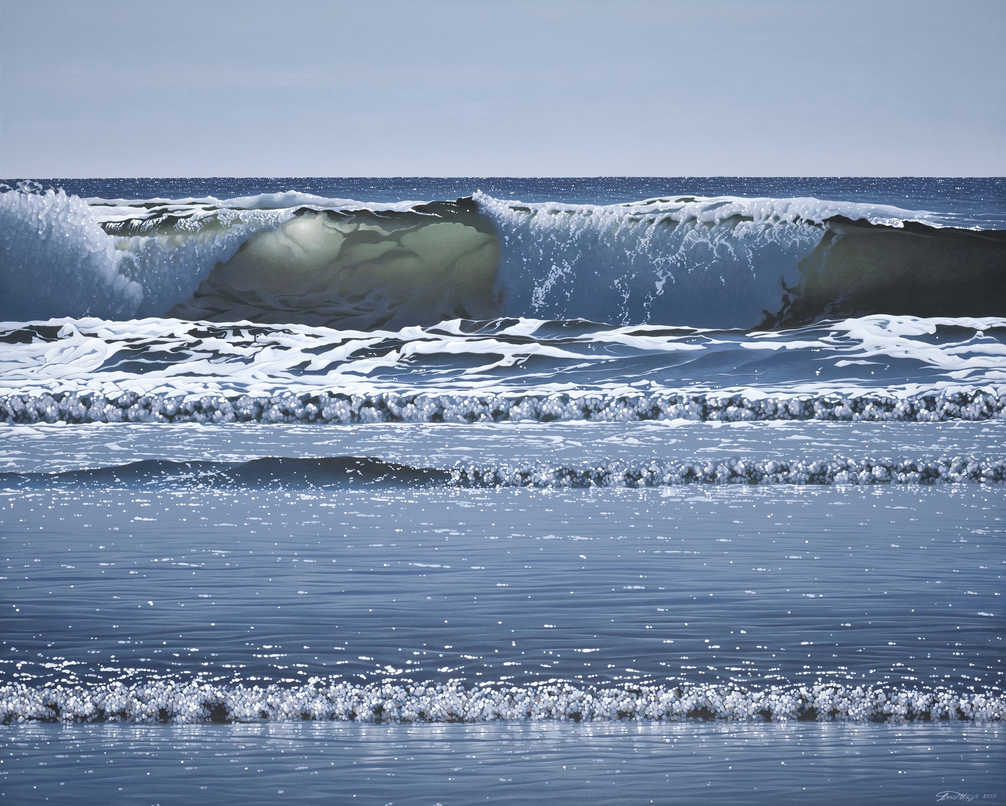Acrylic high realism painting by renown Salt Spring Artist Carol Haigh depicting waves crashing on beach