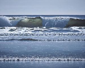 Acrylic high realism painting by renown Salt Spring Artist Carol Haigh depicting waves crashing on beach