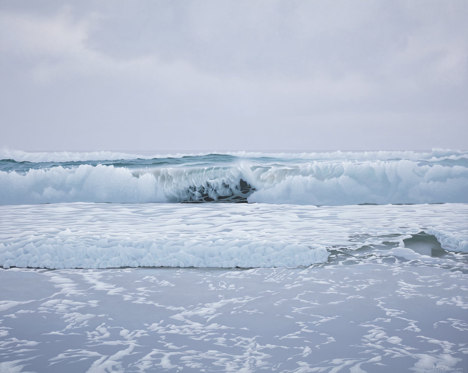 Acrylic high realism painting by renown Salt Spring Artist Carol Haigh of beach waves after a storm