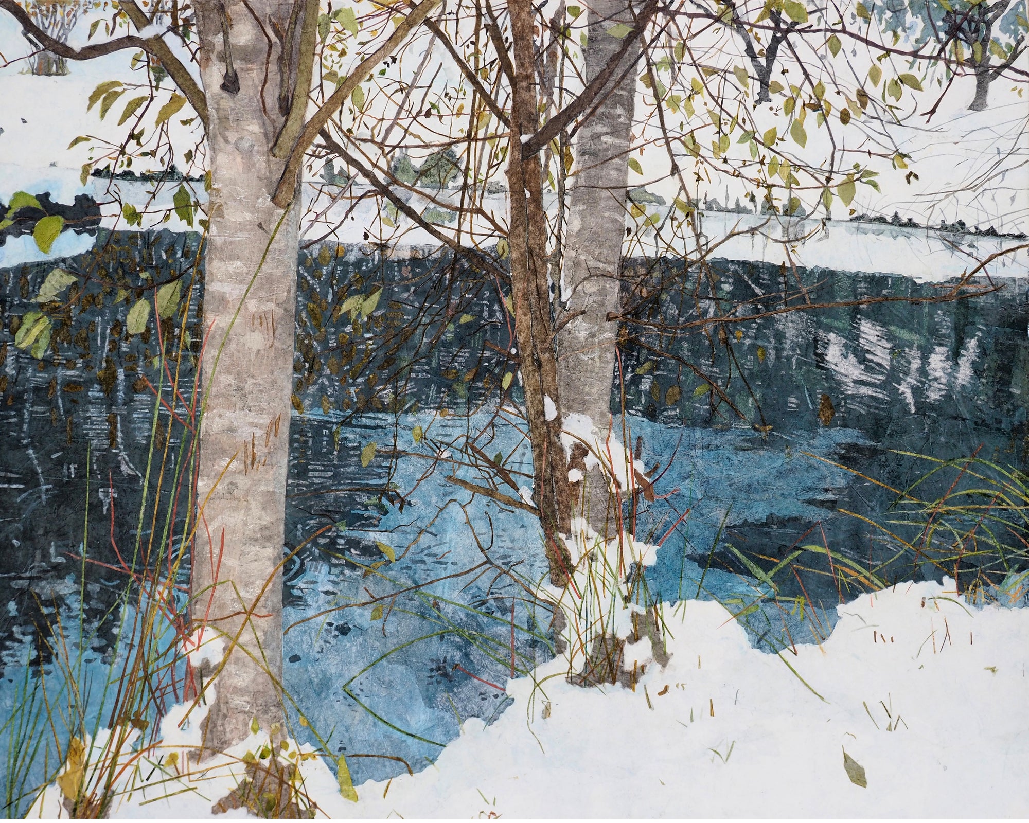 paper collage by salt spring artist bly kaye depicting winter scene over pond with reflections