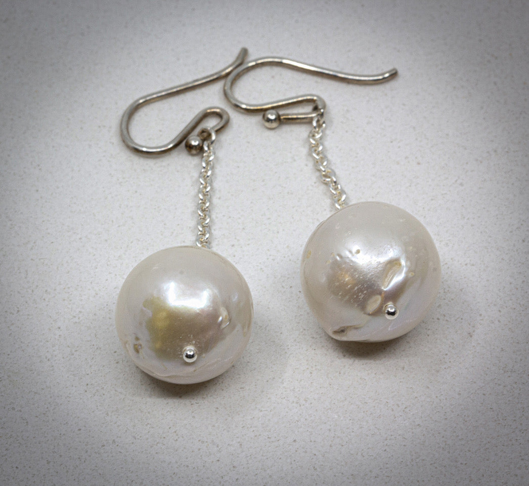 14mm Baroque Pearl on Sterling Silver 22mm Chain Earrings by Judy McPhee
