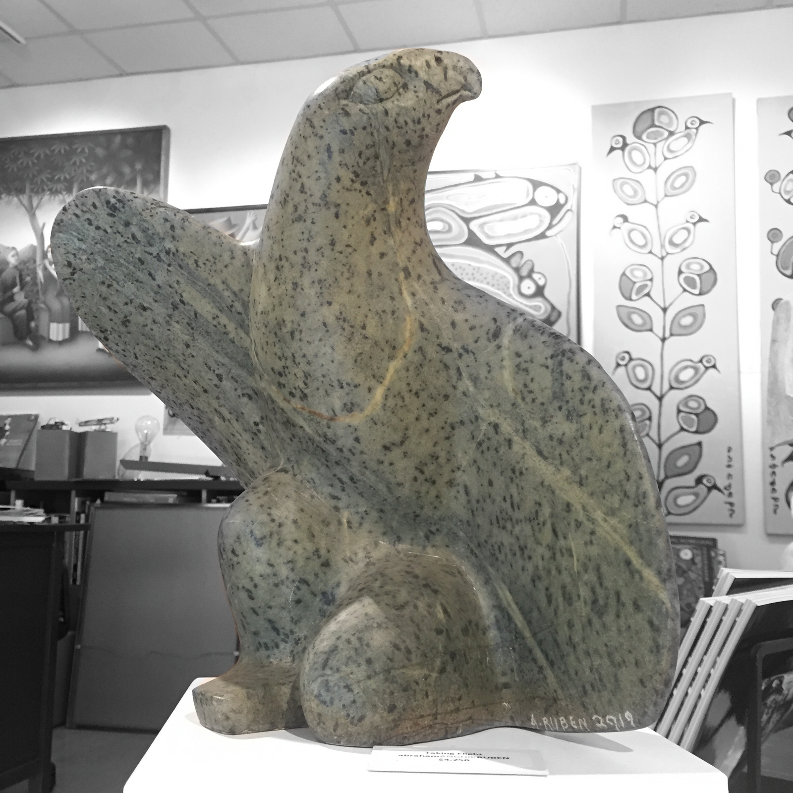 brazilian soapstone carving by master abraham ruben of a bird of prey about to take flight